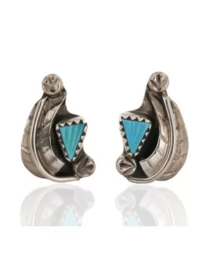 Certified Authentic Feather Navajo .925 Sterling Silver Turquoise Native American Stud Earrings 17598