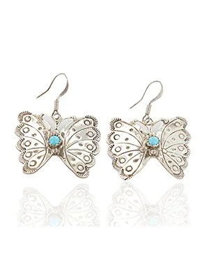 .925 Sterling Silver Handmade Butterfly Certified Authentic Signed Navajo Natural Turquoise Native American Earrings 17896