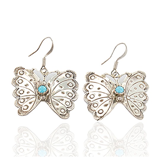 .925 Sterling Silver Handmade Butterfly Certified Authentic Signed Navajo Natural Turquoise Native American Earrings 17896