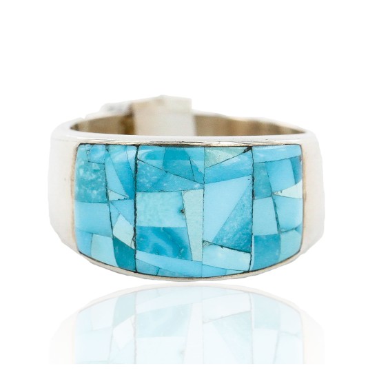 Handmade Certified Authentic Mosaic Inlay Signed Navajo .925 Sterling Silver Natural Turquoise Native American Ring  17923