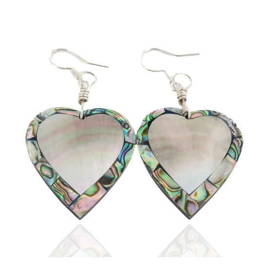 Inlay Heart Navajo Certified Authentic .925 Sterling Silver Hooks Natural Abalone Native American Dangle Earrings 18099-4