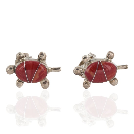 Handmade Certified Authentic Turtle .925 Sterling Silver Coral Native American Stud Earrings 18185-2