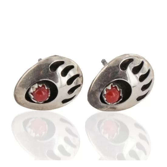 Handmade Bear Paw Certified Authentic Turtle .925 Sterling Silver Coral Native American Stud Earrings 18185-6