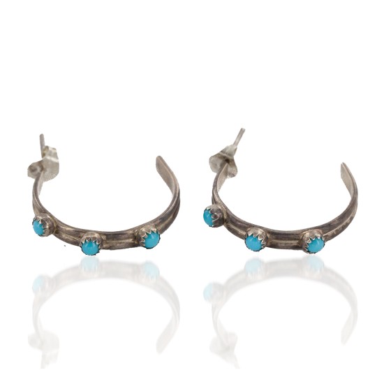 Certified Authentic Navajo .925 Sterling Silver Sterling Silver Turquoise Hoop Native American Earrings 18185-9