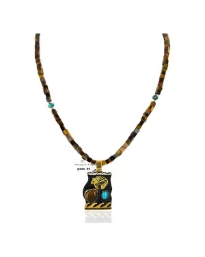 12kt Gold Filled And .925 Sterling Silver Handmade Bear Wave Certified Authentic Navajo Natural Turquoise and Tigers Eye Native American Necklace 24146