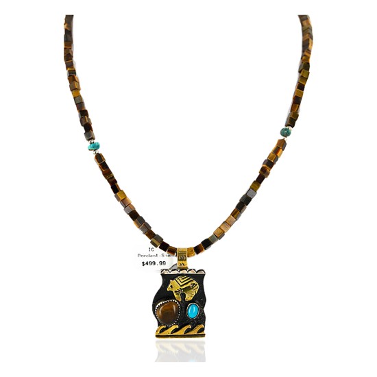 12kt Gold Filled And .925 Sterling Silver Handmade Bear Wave Certified Authentic Navajo Natural Turquoise and Tigers Eye Native American Necklace 24146