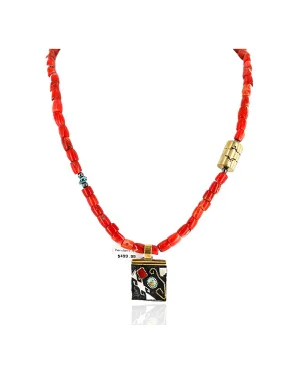 .925 Sterling Silver 12kt Gold Filled Handmade Certified Authentic Navajo Turquoise and Coral Native American Necklace 24147