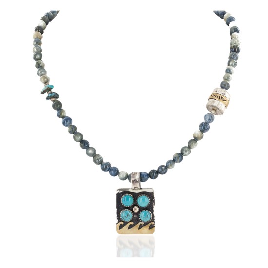 Certified Authentic Wave 12kt Gold Filled and .925 Sterling Silver Handmade Natural Turquoise Lapis Native American Necklace 24149-15877