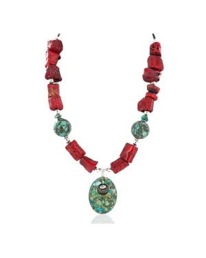 .925 Sterling Silver Certified Authentic Navajo Turquoise Coral Native American Necklace 24214-15