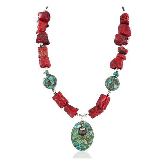 .925 Sterling Silver Certified Authentic Navajo Turquoise Coral Native American Necklace 24214-15 .925 Sterling Silver Certified Authentic Navajo Turquoise Coral Native American Necklace 24214-15