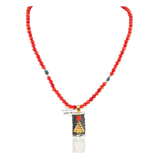 12kt Gold Filled and .925 Sterling Silver Arrowhead Handmade Certified Authentic Navajo Coral Natural Turquoise Native American Necklace 24298-105-15930-5