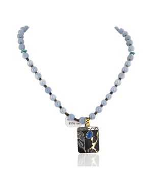 Certified Authentic 12kt Gold Filled and .925 Sterling Silver Handmade Flower Natural Turquoise Lapis Agate Native American Necklace 24301-16033
