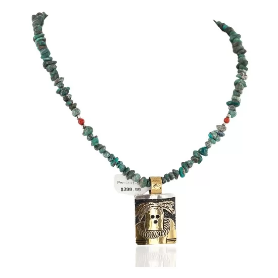 Certified Authentic 12kt Gold Filled and .925 Sterling Silver Kachina Handmade Natural Turquoise Coral Native American Necklace 24302-15771-22 Certified Authentic 12kt Gold Filled and .925 Sterling Silver Kachina Handmade Natural Turquoise Coral Native American Necklace 24302-15771-22