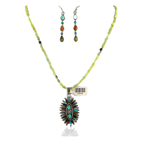 Petit Point Handmade Certified Authentic Zuni .925 Sterling Silver Multicolor Stones Turquoise Set Native American Necklace Earrings 24318-15823