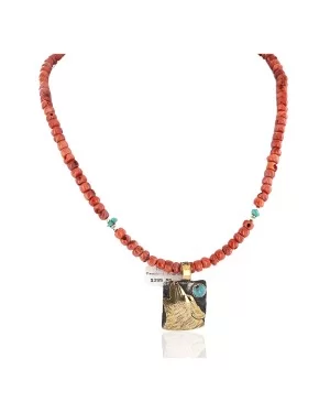 Certified Authentic 12kt Gold Filled and .925 Sterling Silver Handmade Wolf Natural Turquoise Coral Native American Necklace 24324-4-25276