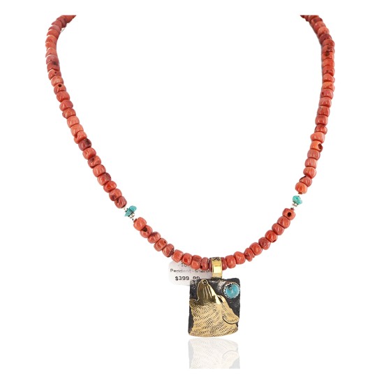 Certified Authentic 12kt Gold Filled and .925 Sterling Silver Handmade Wolf Natural Turquoise Coral Native American Necklace 24324-4-25276