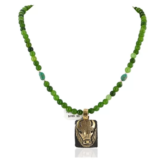 Certified Authentic 12kt Gold Filled and .925 Sterling Silver Handmade Buffalo Natural Turquoise Green Quartz Native American Necklace 24324-7-16028-10 Certified Authentic 12kt Gold Filled and .925 Sterling Silver Handmade Buffalo Natural Turquoise Green Quartz Native American Necklace 24324-7-16028-10