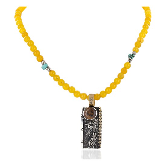 Certified Authentic 12kt Gold Filled .925 Sterling Silver Handmade Kokopelli Natural Turquoise Quartz Tigers Eye Native American Necklace  24328-10-16026