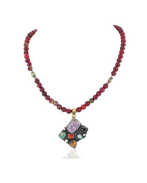Certified Authentic 12kt Gold Filled and .925 Sterling Silver Bear Handmade Natural Turquoise and Multicolor Stones Native American Necklace 24333-3-16026-1