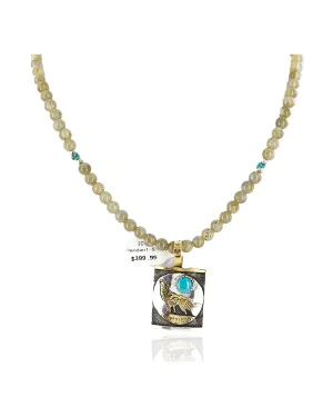 12kt Gold Filled .925 Sterling Silver Handmade Wolf And Moon Certified Authentic Navajo Turquoise and Quartz Native American Necklace 24344-4