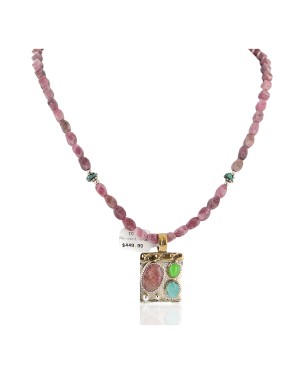 Certified Authentic 12kt Gold filled .925 Sterling Silver Handmade Natural Turquoise Charoite Gaspeite Native American Necklace 24345-2-16037-3