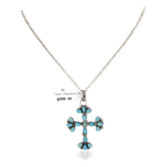 Handmade Cross Certified Authentic Zuni .925 Sterling Silver Natural Turquoise Native American Necklace 24368