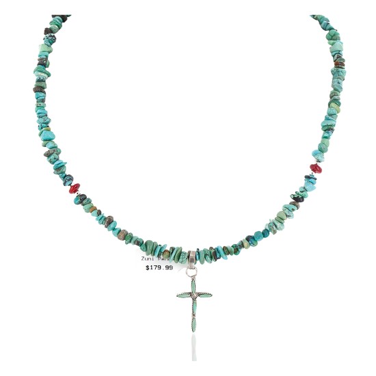 Handmade Cross Certified Authentic Zuni .925 Sterling Silver Coral Natural Turquoise Native American Necklace 24371-6-1601-22