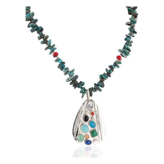 Certified Authentic .925 Sterling Silver Handmade Natural Turquoise Multicolor Stones Coral Native American Necklace 24399-750184-1