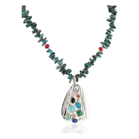 Certified Authentic .925 Sterling Silver Handmade Natural Turquoise Multicolor Stones Coral Native American Necklace 24399-750184-1 Certified Authentic .925 Sterling Silver Handmade Natural Turquoise Multicolor Stones Coral Native American Necklace 24399-750184-1
