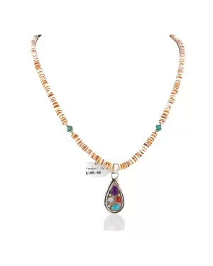 Certified Authentic .925 Sterling Silver Handmade Natural Turquoise Multicolor Stones Spiny Oyster Native American Necklace 24401-25277