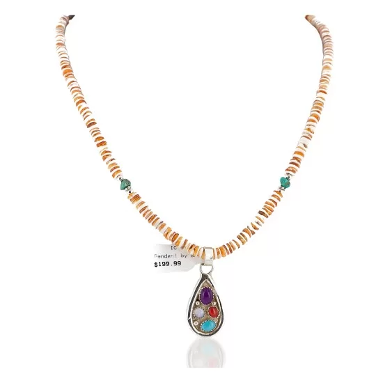 Certified Authentic .925 Sterling Silver Handmade Natural Turquoise Multicolor Stones Spiny Oyster Native American Necklace 24401-25277 Certified Authentic .925 Sterling Silver Handmade Natural Turquoise Multicolor Stones Spiny Oyster Native American Necklace 24401-25277