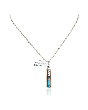 Nickel Handmade Certified Authentic Navajo Inlay Natural Turquoise Coral Native American Necklace 24405-1