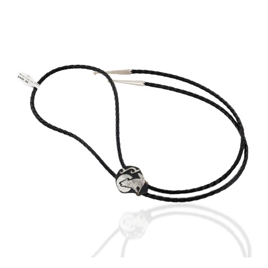 .925 Sterling Silver Leather Handmade Wolf Certified Authentic Navajo Native American Bolo Tie  24417-1