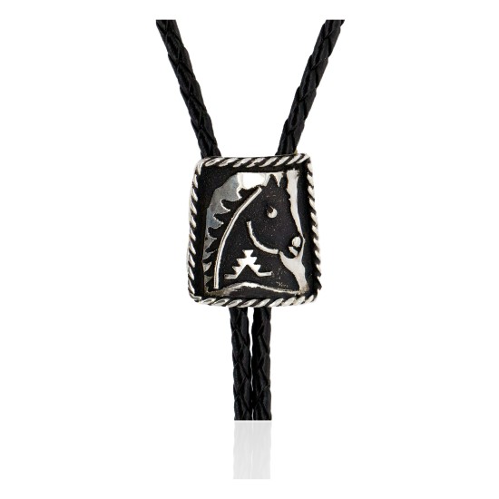 Handmade Certified Authentic Horse Leather Navajo .925 Sterling Silver Native American Bolo Tie  24419-2
