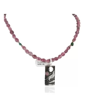.925 Sterling Silver Handmade Wolf and Moon Certified Authentic Navajo Natural Charoite Native American Necklace 24421-1-16047-3