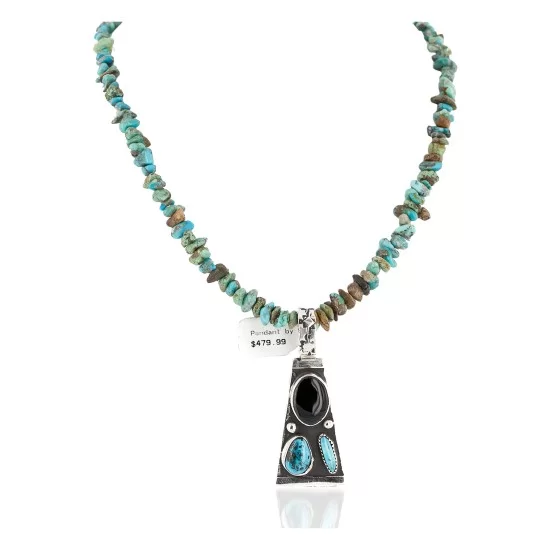 Certified Authentic .925 Sterling Silver Handmade Natural Turquoise Black Onyx Native American Necklace 24422-4-16070