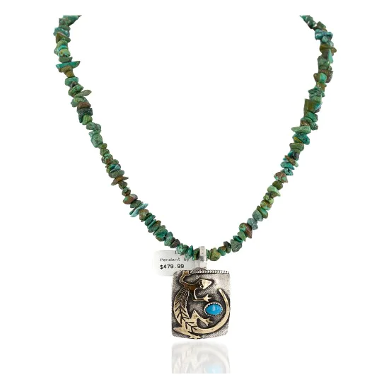 Certified Authentic 12kt Gold Filled and .925 Sterling Silver Handmade Gecko Natural Turquoise Native American Necklace 24422-6-16065-6