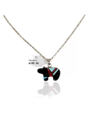 Certified Authentic Bear Navajo .925 Sterling Silver Inlay Natural Turquoise Spiny Oyster Black Onyx Native American Necklace 24423-201