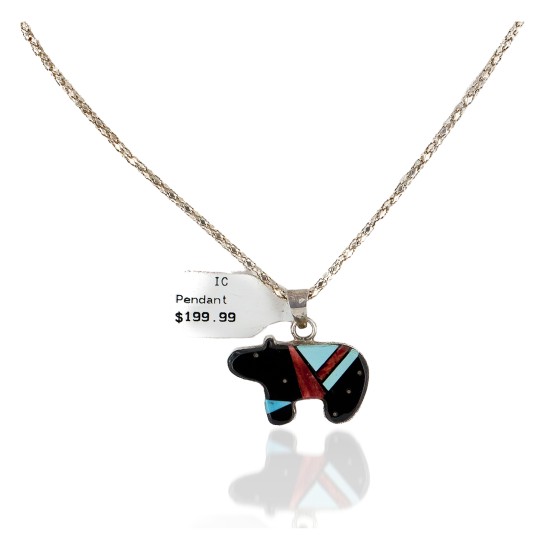 Certified Authentic Bear Navajo .925 Sterling Silver Inlay Natural Turquoise Spiny Oyster Black Onyx Native American Necklace 24423-201