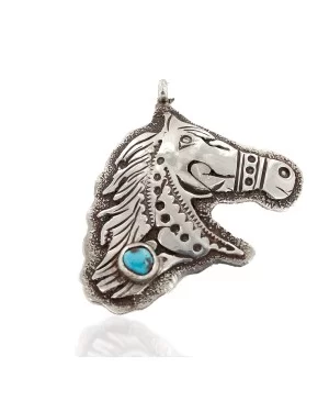 .925 Sterling Silver Handmade Certified Authentic Horse head Navajo Natural Turquoise Native American Pendant 24424-1