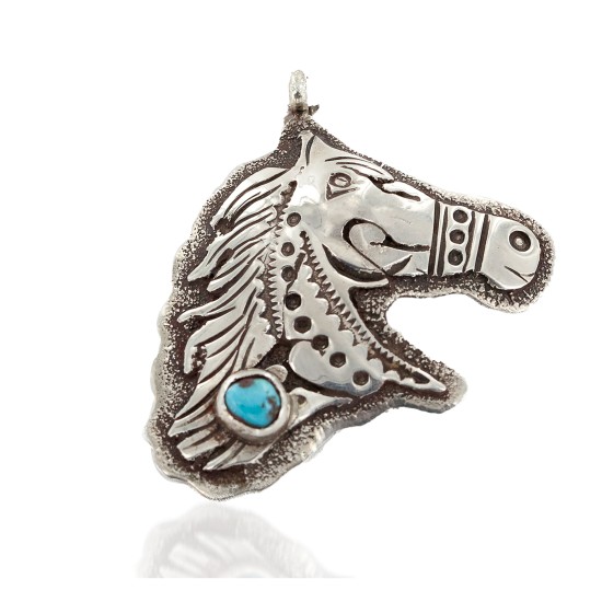 .925 Sterling Silver Handmade Certified Authentic Horse head Navajo Natural Turquoise Native American Pendant 24424-1
