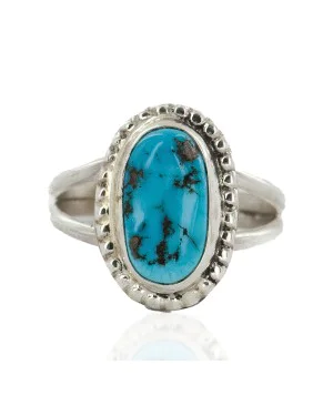 925 Sterling Silver Oval Handmade Certified Authentic Navajo Natural Turquoise Native American Ring  24429-1
