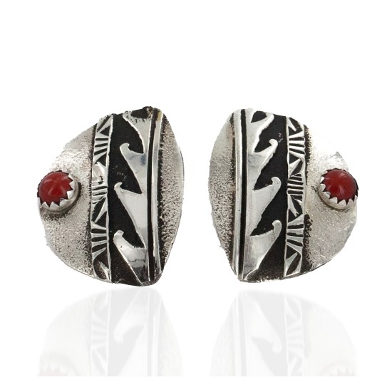 .925 Sterling Silver Wave Handmade Certified Authentic Navajo Natural Coral Stud Native American Earrings 24439-2