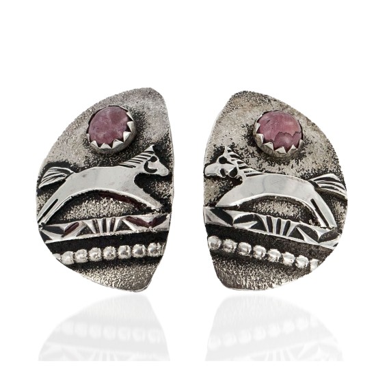 .925 Sterling Silver Horse Handmade Certified Authentic Navajo Natural Pink Charoite Stud Native American Earrings 24439-4