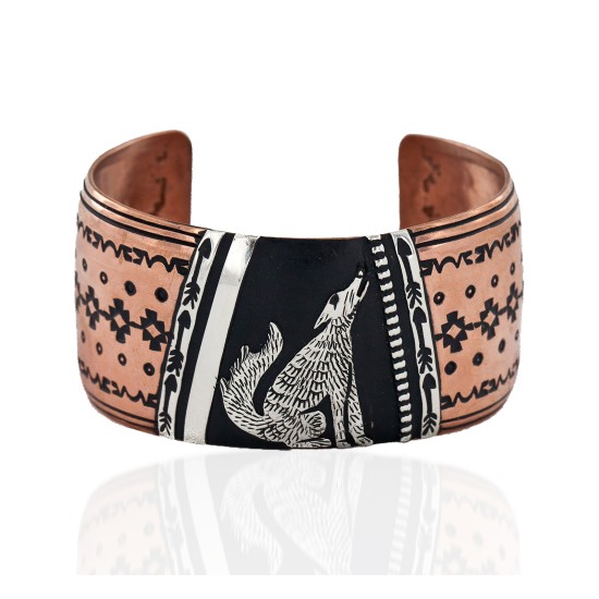 Handmade Certified Authentic Wolf Navajo .925 Sterling Silver and Pure Copper Wide Native American Bracelet 24444