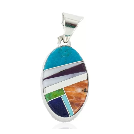 Oval Navajo Certified Authentic .925 Sterling Silver Natural Multicolor Real Handmade Native American Inlaid Pendant 24490-1 Oval Navajo Certified Authentic .925 Sterling Silver Natural Multicolor Real Handmade Native American Inlaid Pendant 24490-1