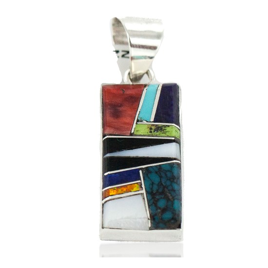Navajo Certified Authentic Rectangle .925 Sterling Silver Natural Multicolor Real Handmade Native American Inlaid Pendant 24490-10