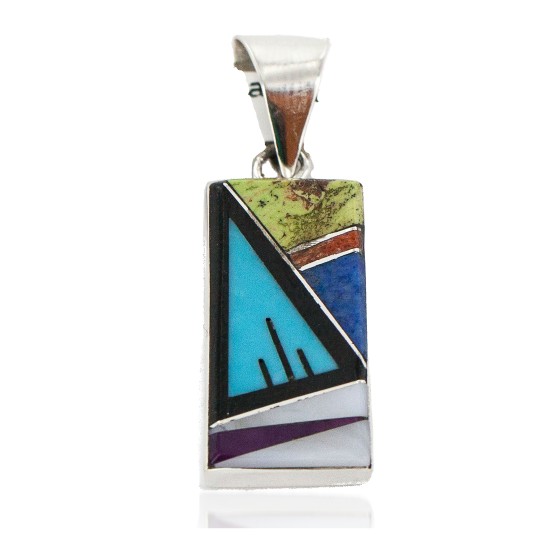 Navajo Certified Authentic Rectangle .925 Sterling Silver Natural Multicolor Real Handmade Native American Inlaid Pendant 24490-15