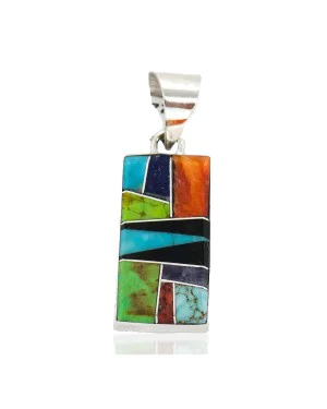 Navajo Rectangle Certified Authentic .925 Sterling Silver Natural Multicolor Real Handmade Native American Inlaid Pendant 24490-17 Navajo Rectangle Certified Authentic .925 Sterling Silver Natural Multicolor Real Handmade Native American Inlaid Pendant 24490-17