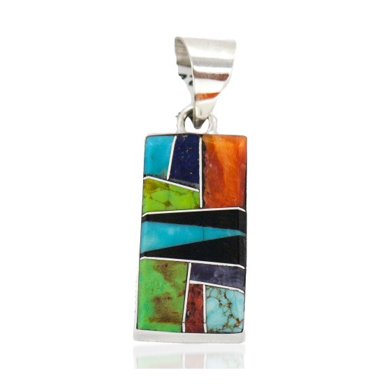 Navajo Rectangle Certified Authentic .925 Sterling Silver Natural Multicolor Real Handmade Native American Inlaid Pendant 24490-17 All Products NB160324212105 24490-17 (by LomaSiiva)